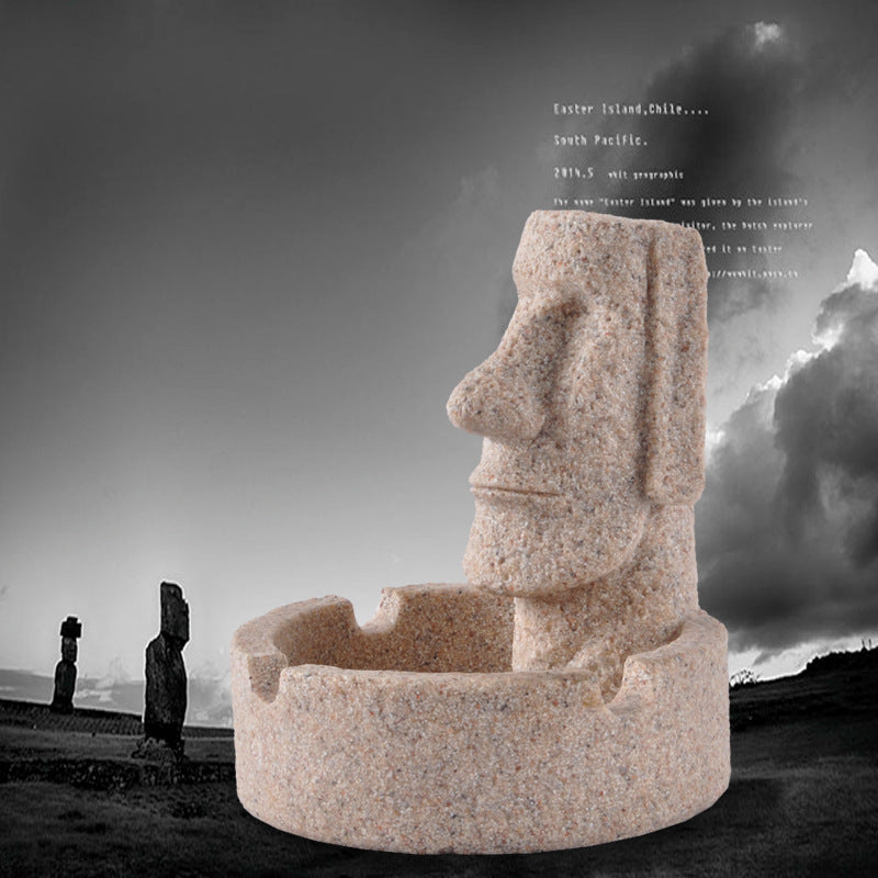 Domestic Ornaments Stone Portrait Crafts Gifts Easter Moai Figure in Stone Sandstone Ashtray