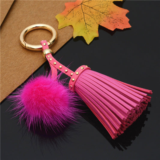 Mink Fur Pom Pom Keychain with Rivet Tassel