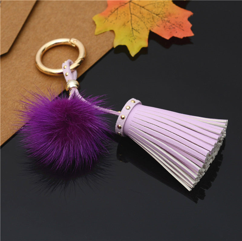 Mink Fur Pom Pom Keychain with Rivet Tassel