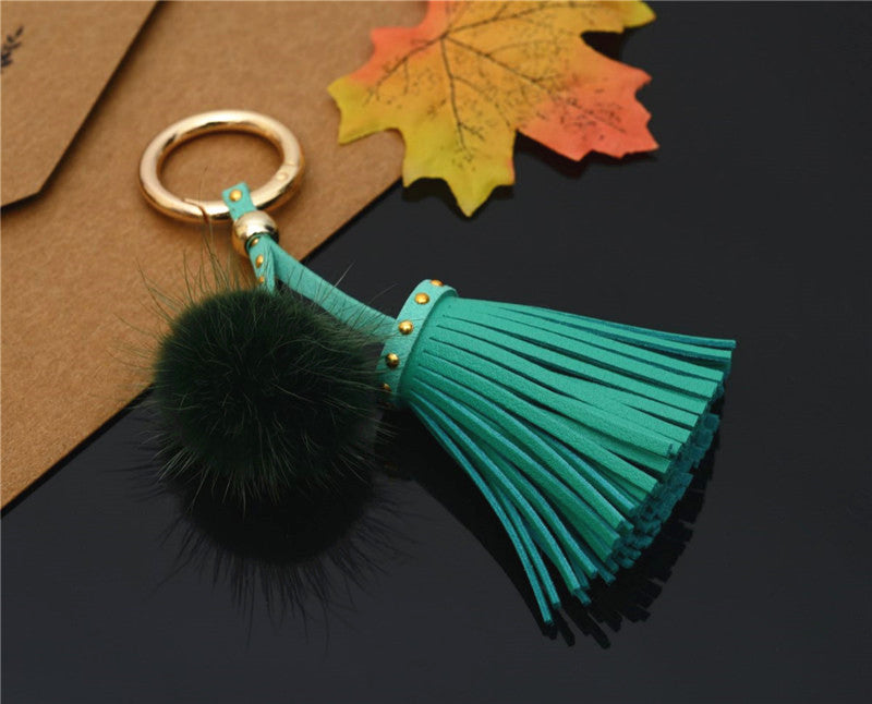 Mink Fur Pom Pom Keychain with Rivet Tassel