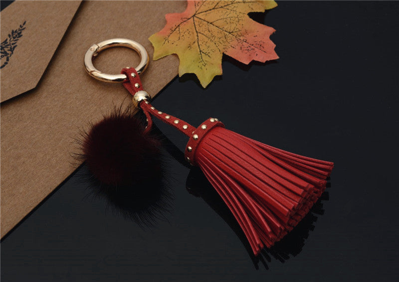 Mink Fur Pom Pom Keychain with Rivet Tassel