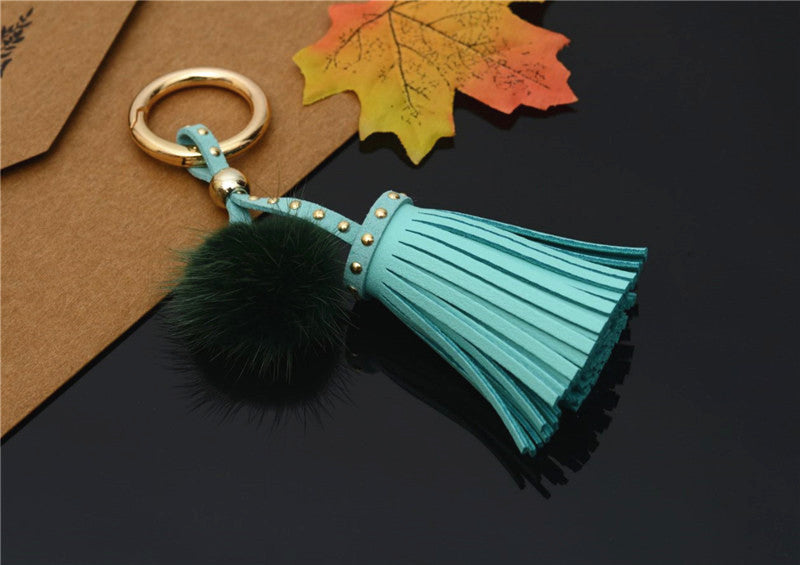 Mink Fur Pom Pom Keychain with Rivet Tassel