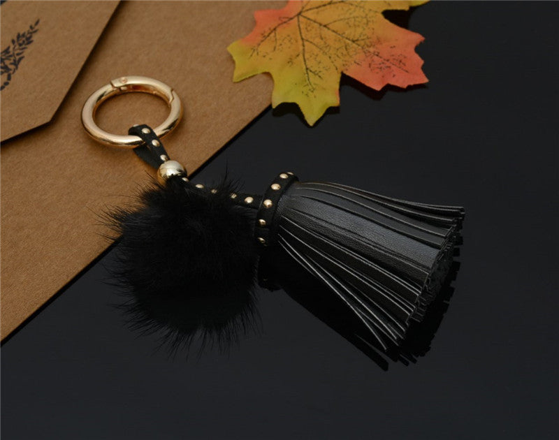 Mink Fur Pom Pom Keychain with Rivet Tassel