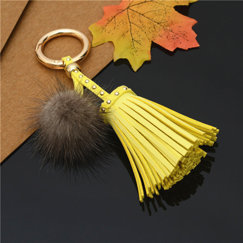 Mink Fur Pom Pom Keychain with Rivet Tassel