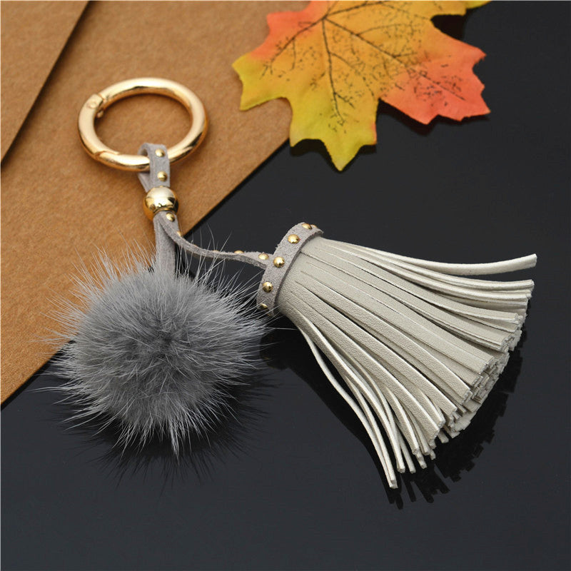 Mink Fur Pom Pom Keychain with Rivet Tassel