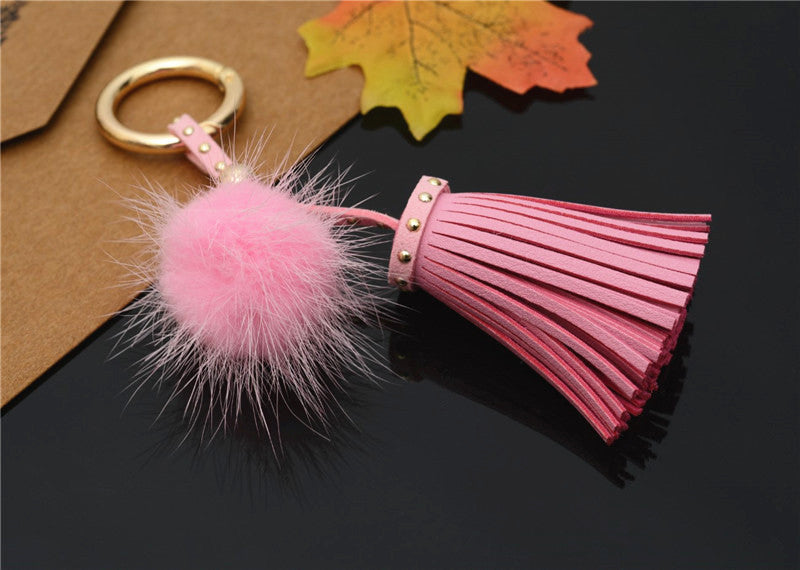 Mink Fur Pom Pom Keychain with Rivet Tassel