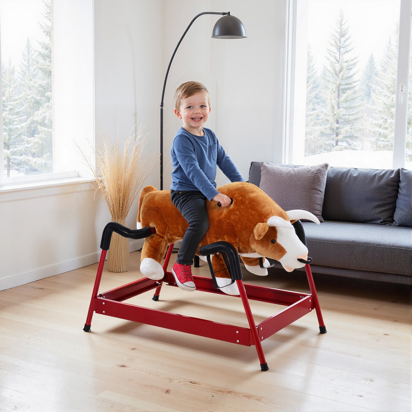 Spring rodeo bull - front face view showing expressive design and ear sound button