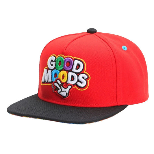 Red Snapback Cap with "GOOD MOODS" & Hand Gesture Embroidery