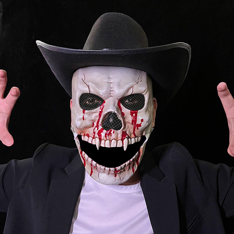 Model wearing skull jaw mask — dripping blood variant